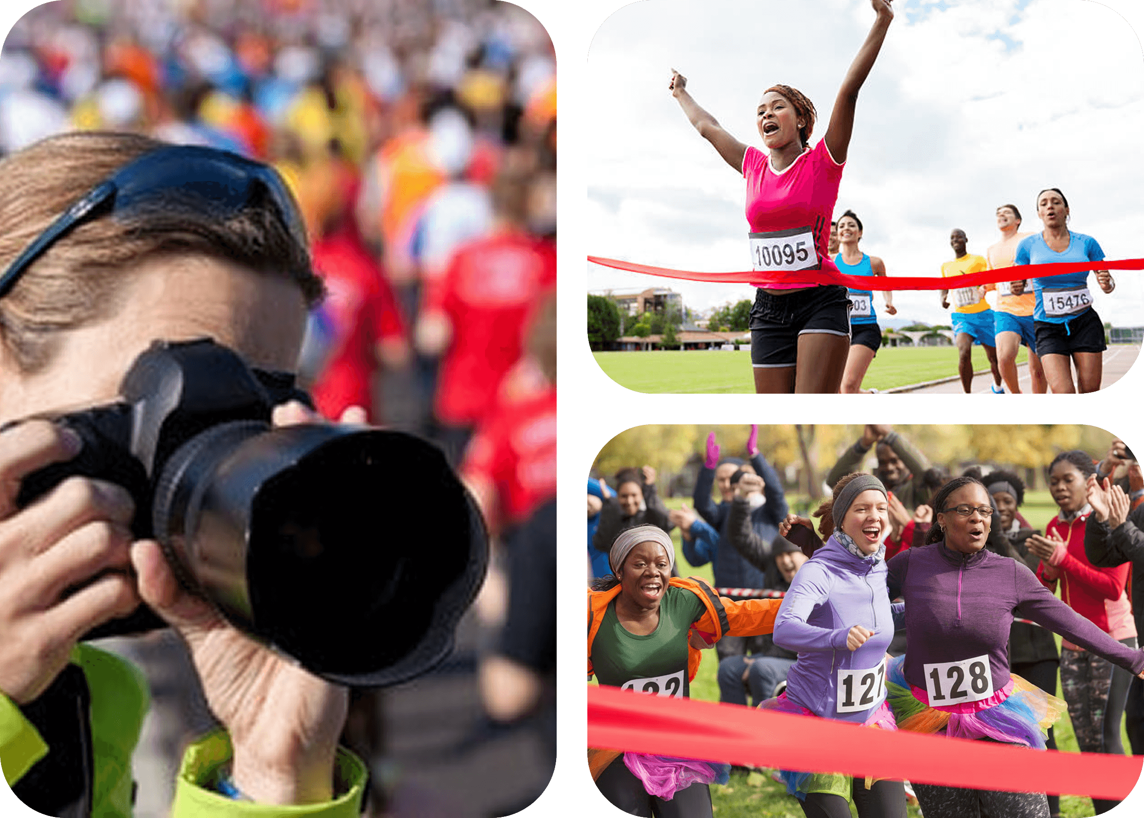Race photographer capturing runners, and runners triumphantly crossing finish lines
